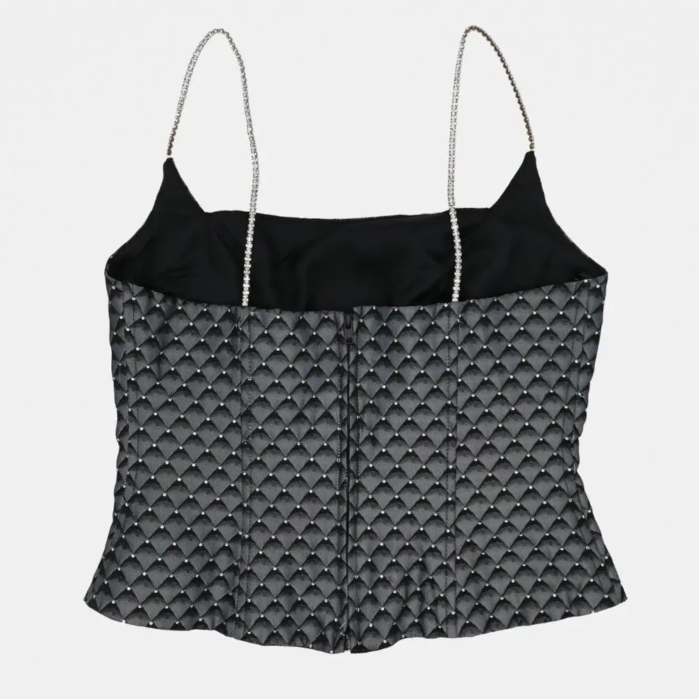 Y2K Black Diamond Corset Top Chain Strap Rhinestone Cami Small